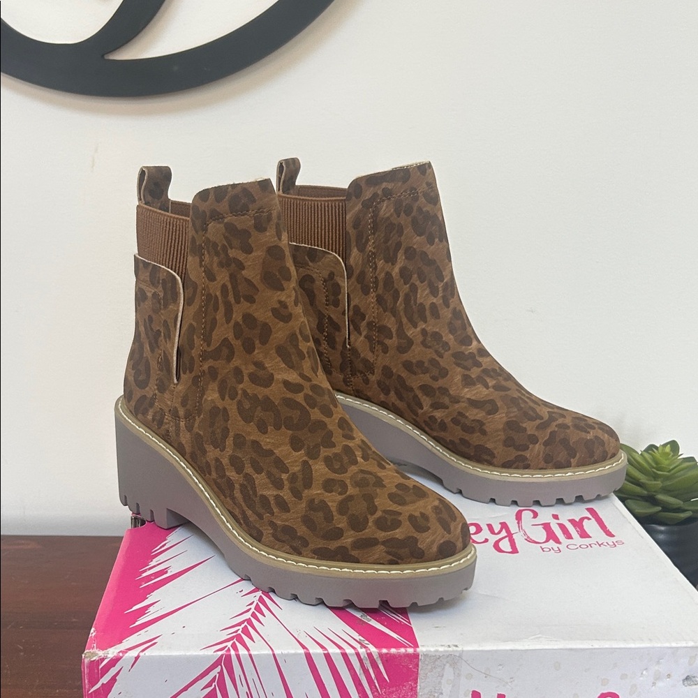 Hey Girl by Corkys Leopard Print Chelsea Wedge Booties - Brown